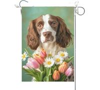 Drapeaux De Jardin Bienvenue ! Un Épagneul Springer Anglais Tient Une Fleur. Drapeau Fierté Couleurs Vives Bannière Jardins Résistant Drapeaus Décoratif Pour Festivals Défilé 30X45CM