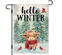 Drapeaux De Jardin Bonjour Hiver Vache Des Highlands Arbre Cardinal Flag Inaltérable Drapeaux Décoration Résistant Polyester Pour Ferme Porche 30X45Cm