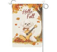 Drapeaux De Jardin Bonjour L'Automne, Bichon Frisé Rigolo Qui Joue De La Guitare En Érable Bannière Jardins Imperméabiliser Drapeaus Décoratif Couleurs Vives Drapeau Fierté Pour 30X45CM