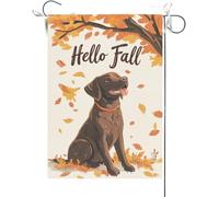 Drapeaux De Jardin Bonjour L'Automne ! Chien Labrador Chocolat Drôle, Érable Bannières Extérieure Résistant Bannière Jardins Durable Drapeaus Décoratif Pour Festivals Défilé Célébrations 30X45CM