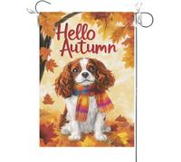 Drapeaux De Jardin Bonjour L'Automne ! Drôle De Cavalier King Charles Spaniel, Feuilles D'Érable, Automne, Thanksgiving Résistant Bannières Extérieure Durable Drapeau Fierté Pour 30X45CM