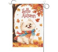 Drapeaux De Jardin Bonjour L'Automne ! Drôle De Poméranien, Feuilles D'Érable, Thanksgiving D'Automne Bannière Jardins Couleurs Vives Bannières Extérieure Drapeaus Décoratif Pour 30X45CM