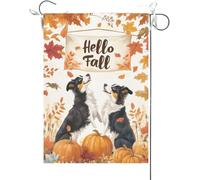Drapeaux De Jardin Bonjour L'Automne ! Thème Amusant Avec Des Border Collies, Feuilles D'Érable Et Thanksgiving Bannière Jardins Durable Bannières Extérieure Résistant Pour 30X45CM
