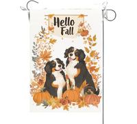 Drapeaux De Jardin Bonjour L'Automne ! Thème Amusant Avec Des Chiens Bernois, Des Feuilles D'Érable Et Thanksgiving. Bannière Jardins Bannières Extérieure Résistant Pour 30X45CM