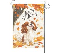 Drapeaux De Jardin Bonjour L'Automne ! Thème Amusant Avec Un Cavalier King Charles Spaniel, Feuilles D'Érable, Automne Et Thanksgiving Durable Bannière Jardins Drapeau Fierté Pour 30X45CM