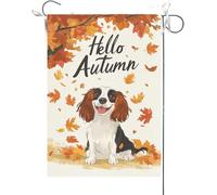 Drapeaux De Jardin Bonjour L'Automne ! Thème Amusant Avec Un Épagneul Springer Anglais Et Des Feuilles D'Érable Pour L'Automne Et Thanksgiving. Bannière Jardins Drapeau Fierté Pour 30X45CM