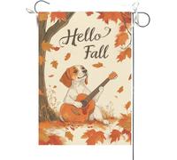 Drapeaux De Jardin Bonjour L'Automne, Un Beagle Rigolo Joue De La Guitare En Érable Bannière Jardins Couleurs Vives Bannières Extérieure Résistant Drapeau Fierté Pour Festivals Balcon 30X45CM