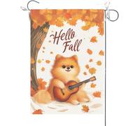 Drapeaux De Jardin Bonjour L'Automne, Un Poméranien Rigolo Joue De La Guitare (Érable) Bannière Jardins Durable Drapeau Fierté Résistant Drapeaus Décoratif Pour Défilé Festivals 30X45CM