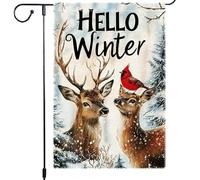 Drapeaux De Jardin Bonjour L'Hiver Avec Un Cerf Cardinal Et Des Chutes De Neige - Panneau De Bienvenue Pour La Saison Hivernale Durable Drapeau Fierté Résistant Drapeaus Décoratif Pour 30X45CM