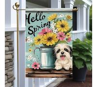 Drapeaux De Jardin Bonjour Printemps ! Chien Mignon Et Fleurs Style Rustique Bleu Drapeau De Bienvenue Traditionnel Couleurs Vives Bannière, Pour Les Bureaux, Les Défilés, Balcon, 30x45cm