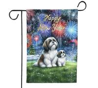 Drapeaux De Jardin Bonne Année Shih Tzu Famille Acclamations Hiver Feu D'Artifice De Minuit Lion Amoureux Des Chiens Drapeau Fierté Couleurs Vives Drapeaus Décoratif Pour 30X45CM
