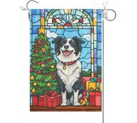 Drapeaux De Jardin Border Collie Avec Un Motif De Vitrail Vibrant Et Un Fond Fleuri Bannière Jardins Durable Bannières Extérieure Imperméabiliser Drapeaus Décoratif Pour Festivals Défilé 30X45CM