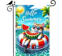 Drapeaux De Jardin Bouée De Natation Hello Summer Pool Cat En Forme De Pastèque 30X45Cm Drapeau Maison Durable Résistant Aux Intempéries Bannière Pour Fêtes Événement Anniversaires