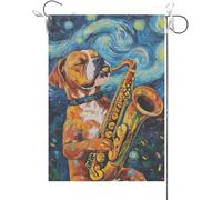 Drapeaux De Jardin Boxer Jouant Du Saxophone, Amoureux Des Animaux Bannière Jardins Couleurs Vives Bannières Extérieure Imperméabiliser Drapeaus Décoratif Pour Défilé Festivals 30X45CM