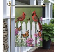Drapeaux De Jardin Cardinal Butterfly Red Bird On Fence With Flowers And Monarch Résiste Aux Intempéries Drapeau Extérieur Coupe-Vent Et Étancheune Bannière Extérieure Pour Jardinage Balcon Fête S