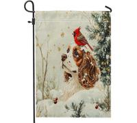 Drapeaux de jardin Cavalier King Charles Spaniel de Noël 30,5 x 45,7 cm pour extérieur, motif cardinal enneigé, drapeaux standard en lin pour maison, jardin, pelouse, décoration extérieure