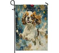 Drapeaux de jardin Cavalier King Charles Spaniel de Noël 30,5 x 45,7 cm pour extérieur, motif flocons de neige de luxe, drapeaux standard en lin pour maison, jardin, pelouse, décoration extérieure