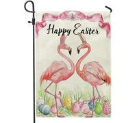 Drapeaux De Jardin Ceinture De Pâques Flamant Rose Moderne Et Élégante Avec Œuf De Pâques, Poule, Lapin Et Oreilles, Blanche Et Amusante Drapeau Fierté Résistant Bannière Jardins Pour 30X45CM