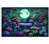Drapeaux De Jardin Champignons Fantastiques Papillons Fleurs Lys Roses Paysage De Pleine Lune Drapeau Extérieur Treer Drapeau Coupe-Vent Et Étancheune Pour Ferme Patio 90X150 Cm