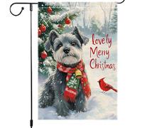 Drapeaux De Jardin Chien Adorable Joyeux Avec Un Schnauzer À Écharpe Rouge, Clochette, Sapin Cardinal, Hiver, Noël Drapeaus Décoratif Durable Drapeau Fierté Résistant Pour 30X45CM
