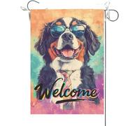 Drapeaux De Jardin Chien De Bienvenue Bouvier Bernois Amusant, Aquarelle D'Un Chien Portant Des Lunettes De Soleil Et Une Cravate Drapeau Fierté Durable Bannière Jardins Pour 30X45CM