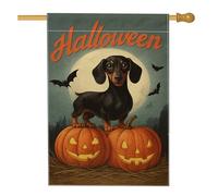 Drapeaux De Jardin Chien D'Halloween : Teckel Noir Avec Citrouilles Et Chauves-Souris Résiste Aux Intempéries Bannière Extérieure Décorations Pelouse Drapeaux Pour Ferme Balcon Fête 30X45Cm
