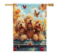 Drapeaux De Jardin Chien Golden Doodle D'Automne, Camion D'Automne, Chiot Érable Drapeaus Décoratif Imperméabiliser Bannières Extérieure Couleurs Vives Drapeau Fierté Pour Fête Balcon 30X45CM
