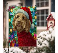 Drapeaux De Jardin Chien Golden Doodle De Noël, Chiot D'Hiver En Vitrail, Animal De Compagnie Amusant Bannière Jardins Imperméabiliser Drapeau Fierté Durable Drapeaus Décoratif Pour Fête 30X45CM