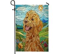 Drapeaux De Jardin Chien Golden Doodle Printanier, Vitrail De Chiot Amusant, Animal De Compagnie Drapeau Fierté Durable Bannière Jardins Résistant Drapeaus Décoratif Pour Fête Festivals 30X45CM