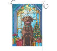 Drapeaux De Jardin Chien Labrador Chocolat Avec Un Motif De Vitrail Vibrant Et Un Fond Fleuri Bannière Jardins Imperméabiliser Bannières Extérieure Couleurs Vives Drapeaus Décoratif Pour 30X45CM