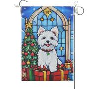 Drapeaux De Jardin Chien Westie Avec Un Motif De Vitrail Vibrant Et Un Fond Fleuri Drapeau Fierté Imperméabiliser Drapeaus Décoratif Couleurs Vives Bannières Extérieure Pour Festivals 30X45CM