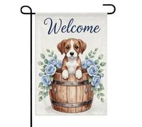 Drapeaux De Jardin Chiot Adorable Avec Des Roses Bleues En Forme De Tonneau Premium Pelouse Drapeaux Toutes Les Saisons Drapeau Extérieur Pour Balcon Fête Célébrations 30X45Cm