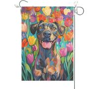 Drapeaux De Jardin Chiot Avec Un Grand Danois Amusant, Des Fleurs À L'Aquarelle Et Une Fleur. Drapeau Fierté Couleurs Vives Bannières Extérieure Résistant Drapeaus Décoratif Pour Défilé 30X45CM