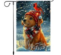 Drapeaux De Jardin Chiot D'Hiver Avec Un Cardinal Rouge Mignon Drapeau Fierté Decoration Drapeaus Décoratif Résistant Bannière Jardins Pour Festivals Fête Défilé 30X45CM