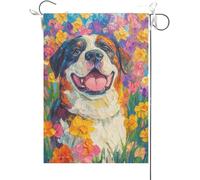 Drapeaux De Jardin Chiot Saint-Bernard Amusant À L'Aquarelle Avec Une Jonquille Et Une Fleur Bannières Extérieure Imperméabiliser Bannière Jardins Résistant Drapeau Fierté Pour Festivals 30X45CM