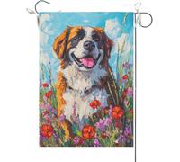 Drapeaux De Jardin Chiot Saint-Bernard Aquarelle Drôle Avec Une Fleur Drapeau Fierté Imperméabiliser Drapeaus Décoratif Couleurs Vives Bannières Extérieure Pour Festivals Défilé Balcon 30X45CM