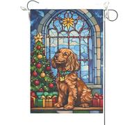 Drapeaux De Jardin Cocker Spaniel Avec Un Motif De Vitrail Vibrant Et Un Fond Fleuri Bannières Extérieure Imperméabiliser Bannière Jardins Durable Drapeaus Décoratif Pour Festivals 30X45CM