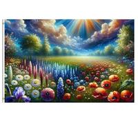 Drapeaux De Jardin Colorful Flowers Field Poppy Sun Shining Bright Blue Treer Drapeau Coupe-Vent Et Étancheune Garden Flag Pour Jardinage Patio Ferme 90X150 CM