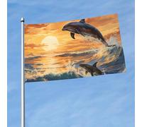 Drapeaux De Jardin Coucher De Soleil Dauphin Animal Marin Pelouse Drapeaux Décorations Treer Drapeau Pour Ferme Patio Balcon Fête 90X150 CM