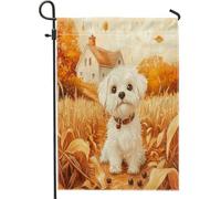 Drapeaux de jardin d'automne pour chien maltais, 30,5 x 45,7 cm, double face pour décoration extérieure, motif chiot de ferme, drapeau de maison, blé de campagne pour animal de compagnie, petit