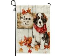 Drapeaux de jardin d'automne pour chien Saint-Bernard 30,5 x 45,7 cm double face pour l'extérieur, motif chiot de ferme d'automne en toile standard, drapeau de maison en bois pour animal de compagnie