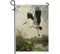 Drapeaux de jardin de 30,5 x 45,7 cm double face pour l'extérieur, scène d'étang de campagne en toile de jute standard, héron, oiseau, arrière-cour, petite maison, drapeaux d'extérieur