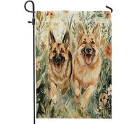 Drapeaux de jardin de berger allemand de printemps 30,5 x 45,7 cm double face pour l'extérieur, jolies fleurs florales avant cour arrière-cour verticaux drapeaux de maison en toile de jute pour