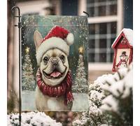 Drapeaux de jardin de bouledogue français de Noël 30,5 x 45,7 cm double face pour extérieur, Noël, chiot de neige, drapeaux d'extérieur en toile standard, Nouvel An, vacances, cour, cour, pelouse