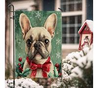 Drapeaux de jardin de bouledogue français de Noël 30,5 x 45,7 cm double face pour l'extérieur, motif chiot houx amusant en toile standard, drapeau de maison pour animaux de compagnie, avant cour, cour