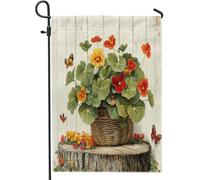 Drapeaux de jardin de capucine de printemps 30,5 x 45,7 cm double face pour l'extérieur, panier de fleurs en bois, papillons, petits drapeaux de maison, drapeaux de maison en toile de jute florale