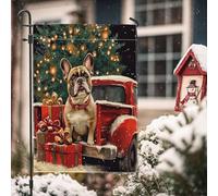Drapeaux de jardin de Noël bouledogue français 30,5 x 45,7 cm double face pour décoration extérieure, camion d'arbre, chiot en toile, drapeau de maison, vacances amusantes en plein air, petit drapeau