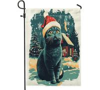 Drapeaux de jardin de Noël en forme de chats britanniques à poil court 30,5 x 45,7 cm double face pour l'extérieur, forêt enneigée de Noël, petits drapeaux de maison en toile de jute pour extérieur