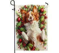 Drapeaux de jardin de Noël en forme de chien bretagne - 30,5 x 45,7 cm - Double face pour décoration extérieure - Motif houx amusant - Drapeau de maison pour animal domestique - Petit drapeau de