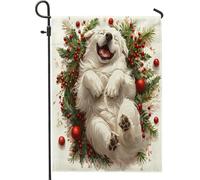 Drapeaux de jardin de Noël en forme de chien des Pyrénées - 30,5 x 45,7 cm - Double face pour l'extérieur - Motif houx de Noël amusant - Drapeaux standard en toile standard pour maison, jardin